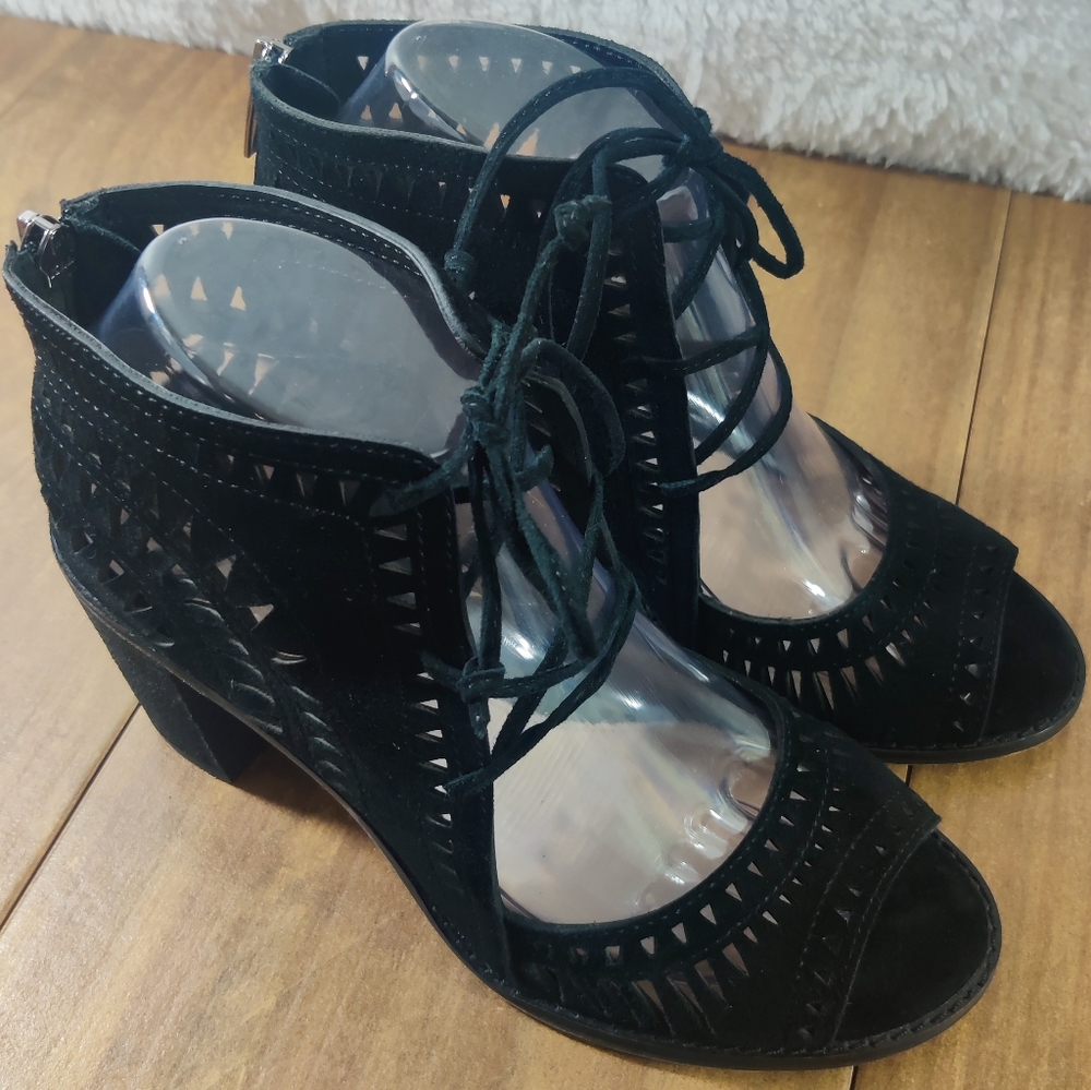 Vince Camuto Black Suede Laser-Cut Lace-Up Peep-Toe Ankle Booties